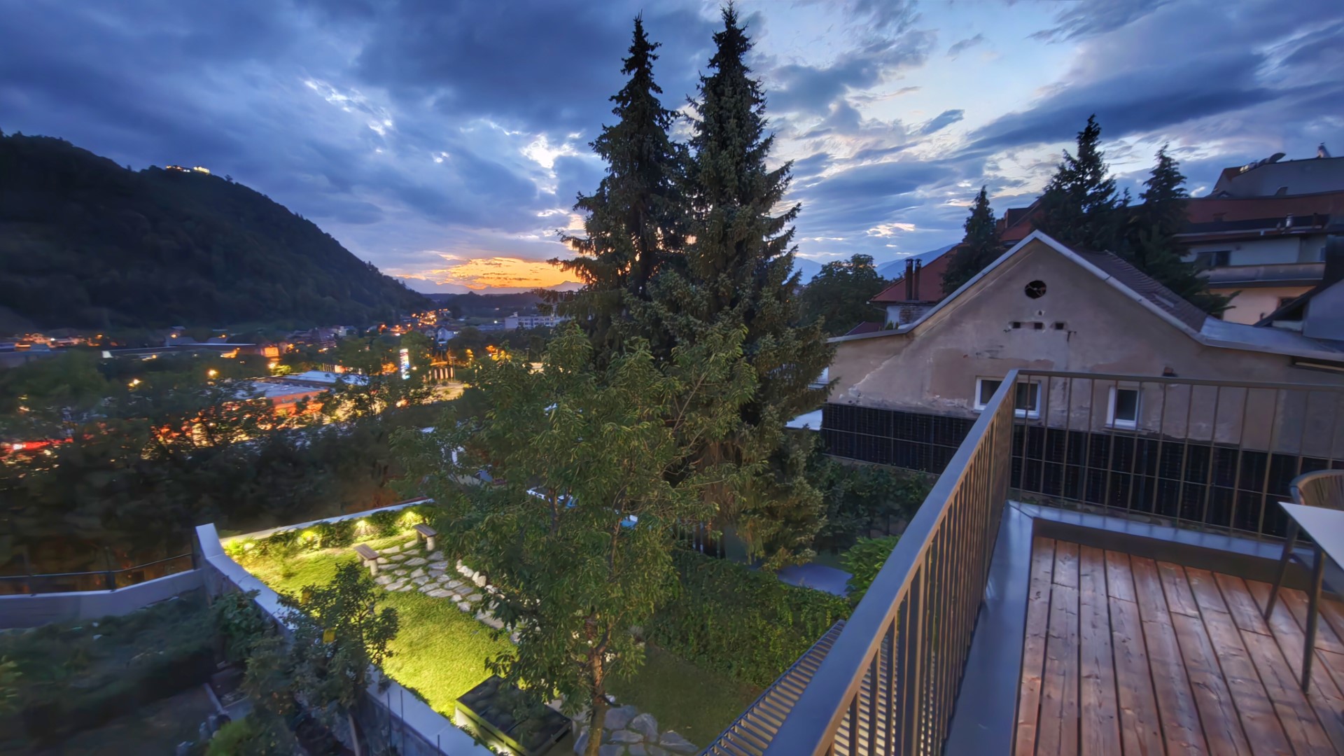 Sunset from the roof terrace of Hucho House over the Kranj valley