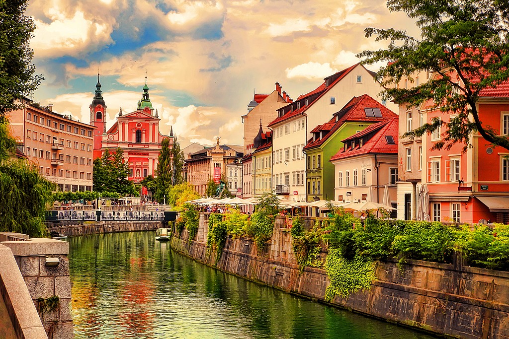 The old town of Ljubljana along the river